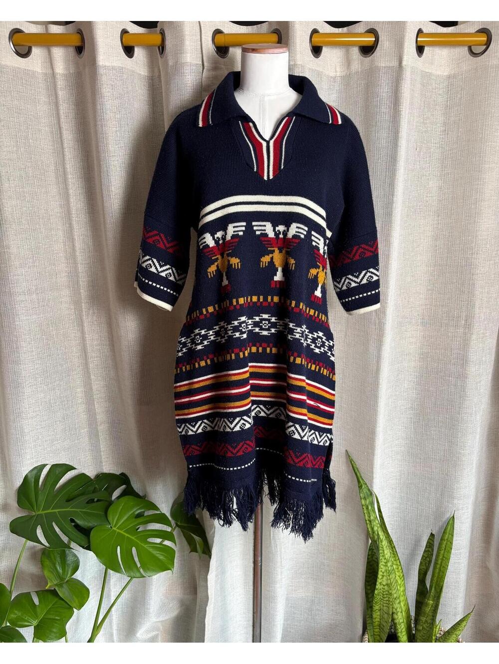 Vintage 70s Bohemian Sweater Dress with Fringe Hem